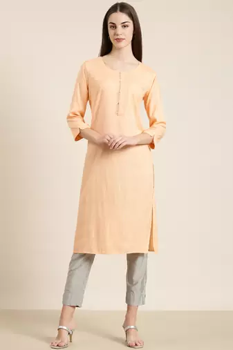 women's calf length round neck peach striped straight kurta