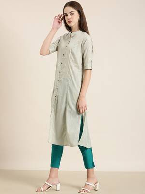 women's calf length mandarin collar sea green striped a-line kurta 4