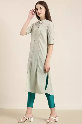 women's calf length mandarin collar sea green striped a-line kurta