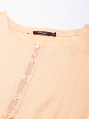 women's calf length round neck peach striped straight kurta 3