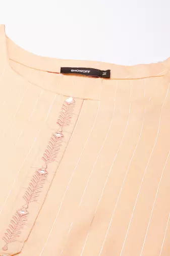 women's calf length round neck peach striped straight kurta