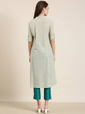 women's calf length mandarin collar sea green striped a-line kurta 5