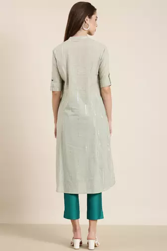 women's calf length mandarin collar sea green striped a-line kurta