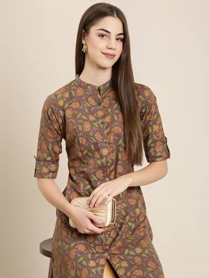 women's calf length mandarin collar taupe floral a-line kurta 1
