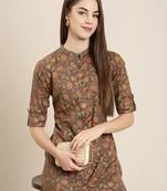 women's calf length mandarin collar taupe floral a-line kurta