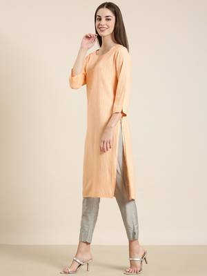 women's calf length round neck peach striped straight kurta 4