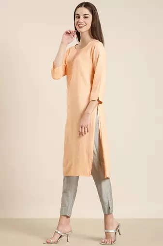 women's calf length round neck peach striped straight kurta