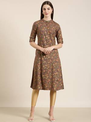 women's calf length mandarin collar taupe floral a-line kurta 2