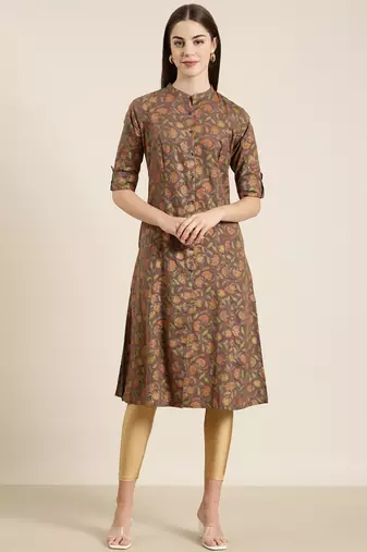 women's calf length mandarin collar taupe floral a-line kurta