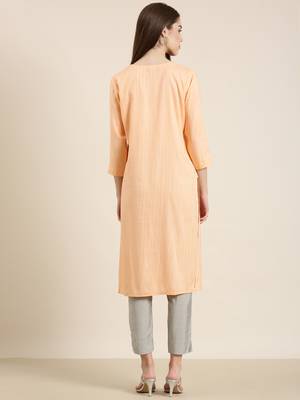 women's calf length round neck peach striped straight kurta 5