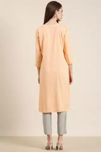 women's calf length round neck peach striped straight kurta