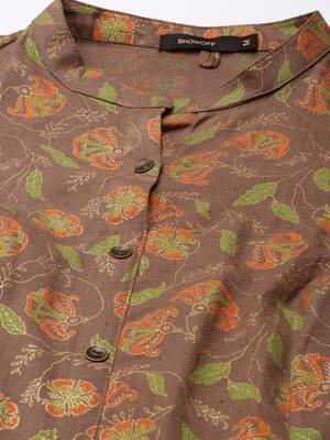 women's calf length mandarin collar taupe floral a-line kurta 3