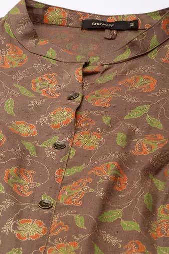 women's calf length mandarin collar taupe floral a-line kurta