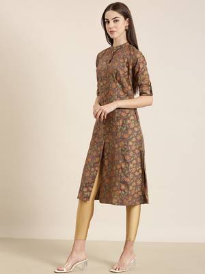 women's calf length mandarin collar taupe floral a-line kurta 4