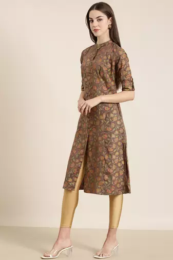 women's calf length mandarin collar taupe floral a-line kurta