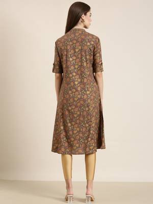 women's calf length mandarin collar taupe floral a-line kurta 5