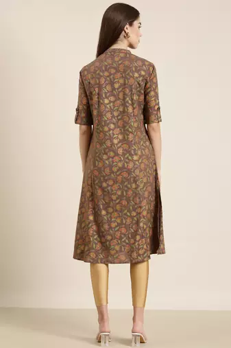 women's calf length mandarin collar taupe floral a-line kurta