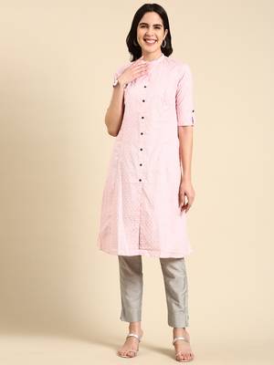 women's knee length mandarin collar pink ethnic motifs straight kurta 1
