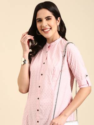 women's knee length mandarin collar pink ethnic motifs straight kurta 2