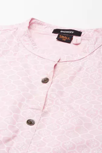 women's knee length mandarin collar pink ethnic motifs straight kurta