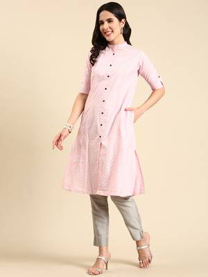 women's knee length mandarin collar pink ethnic motifs straight kurta 5