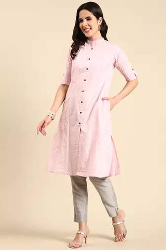 women's knee length mandarin collar pink ethnic motifs straight kurta