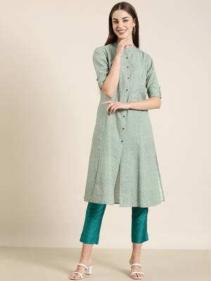 women's calf length mandarin collar green geometric a-line kurta 2