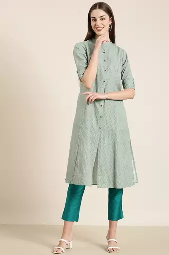 women's calf length mandarin collar green geometric a-line kurta