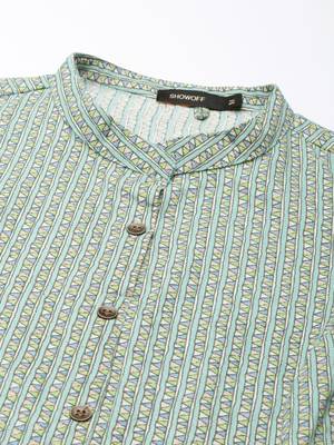 women's calf length mandarin collar green geometric a-line kurta 3
