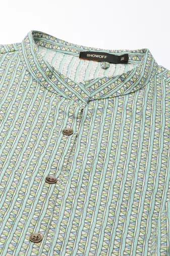 women's calf length mandarin collar green geometric a-line kurta