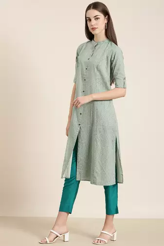 women's calf length mandarin collar green geometric a-line kurta