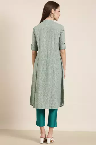 women's calf length mandarin collar green geometric a-line kurta