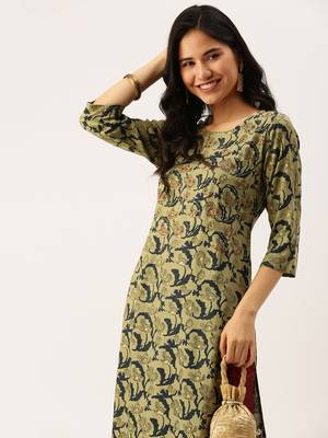 Showoff women's calf length round neck green abstract straight kurta 1