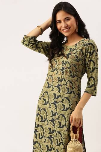 Showoff women's calf length round neck green abstract straight kurta