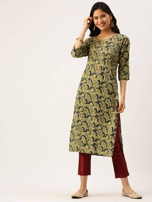 Showoff women's calf length round neck green abstract straight kurta 2
