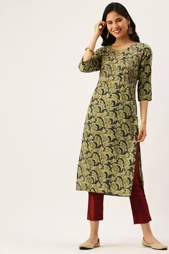 Showoff women's calf length round neck green abstract straight kurta