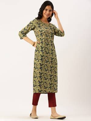 Showoff women's calf length round neck green abstract straight kurta 3