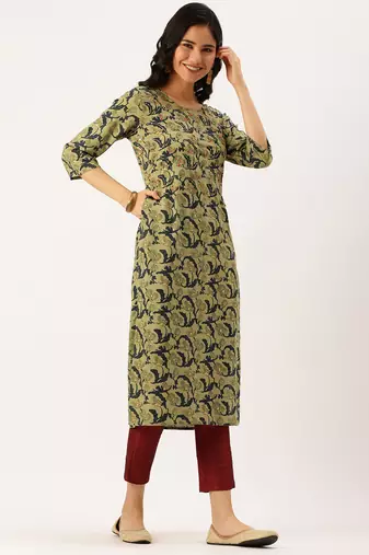 Showoff women's calf length round neck green abstract straight kurta