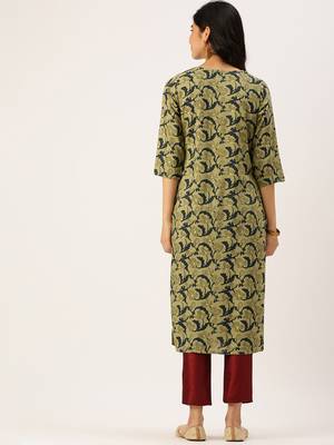 Showoff women's calf length round neck green abstract straight kurta 4