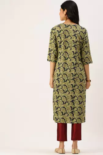 Showoff women's calf length round neck green abstract straight kurta