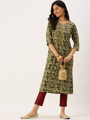 Showoff women's calf length round neck green abstract straight kurta 5