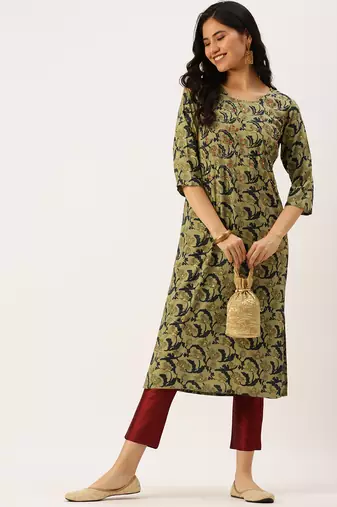 Showoff women's calf length round neck green abstract straight kurta