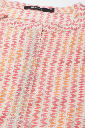 women's knee length mandarin collar multi geometric straight kurta