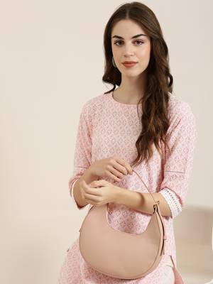 women's knee length round neck peach embellished straight kurta 1
