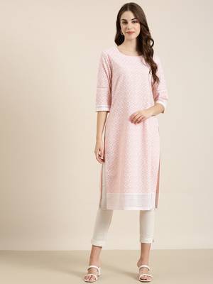 women's knee length round neck peach embellished straight kurta 2