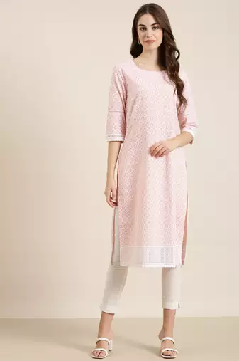 women's knee length round neck peach embellished straight kurta