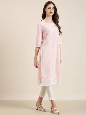women's knee length round neck peach embellished straight kurta 4