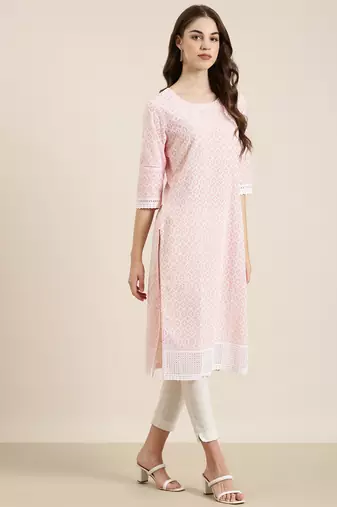 women's knee length round neck peach embellished straight kurta
