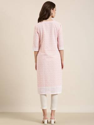 women's knee length round neck peach embellished straight kurta 5