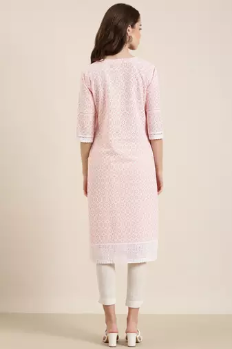 women's knee length round neck peach embellished straight kurta